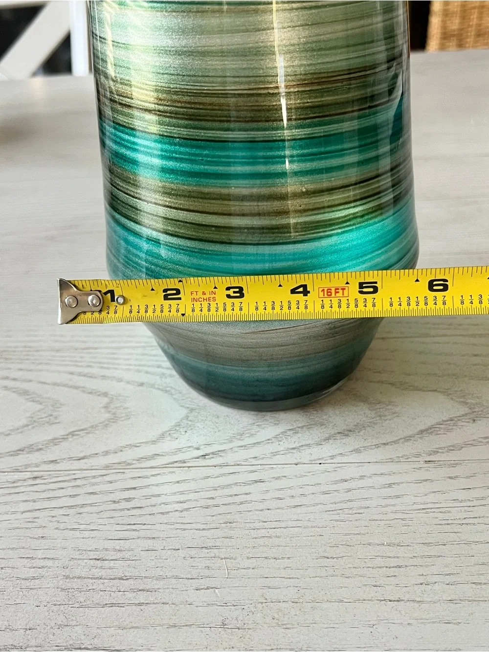 Tall Teal Green Brown Striped Glass Art Vase - 14”
